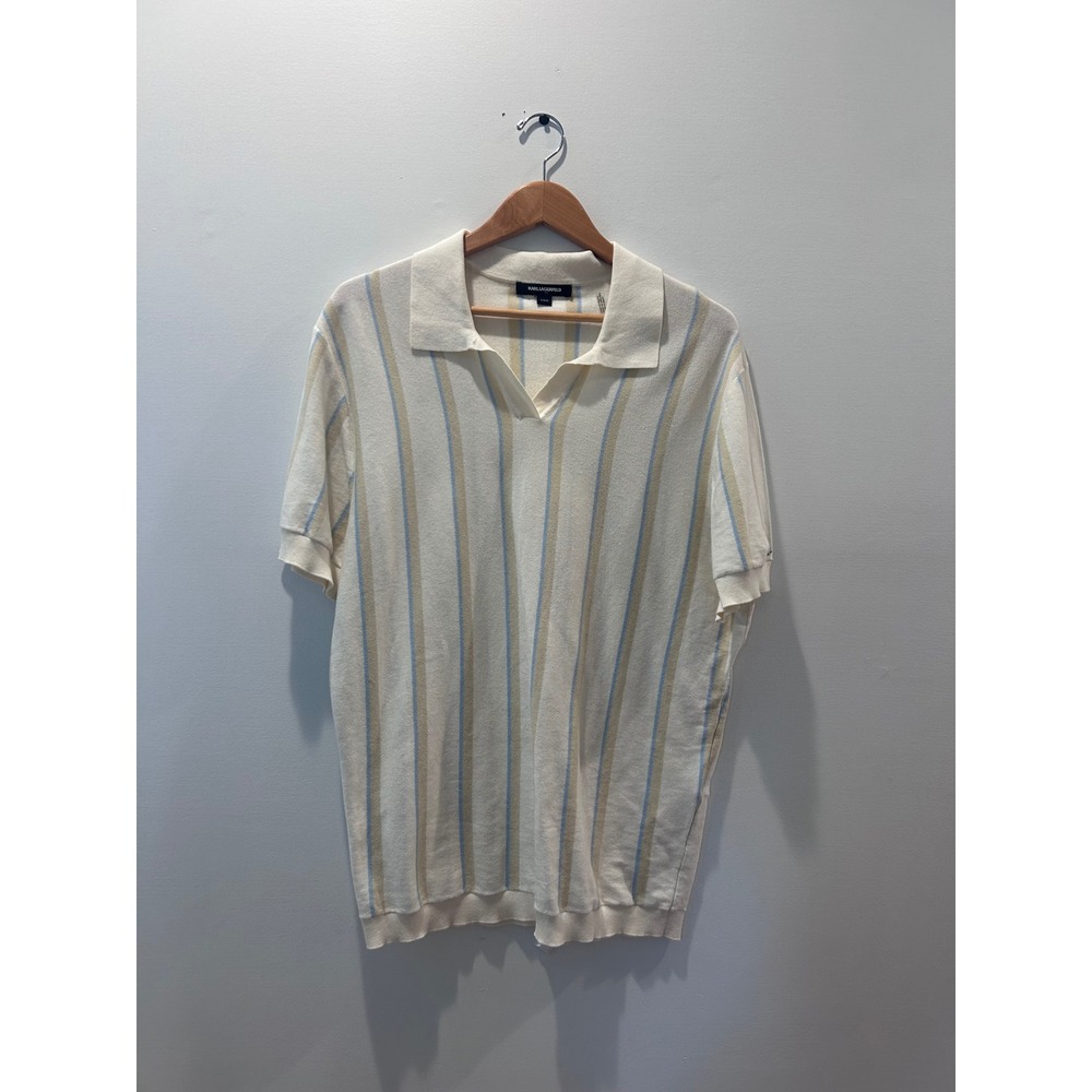 Karl Lagerfeld Sweater Polo Mens Large Cream Striped Cotton Short Sleeve Knit